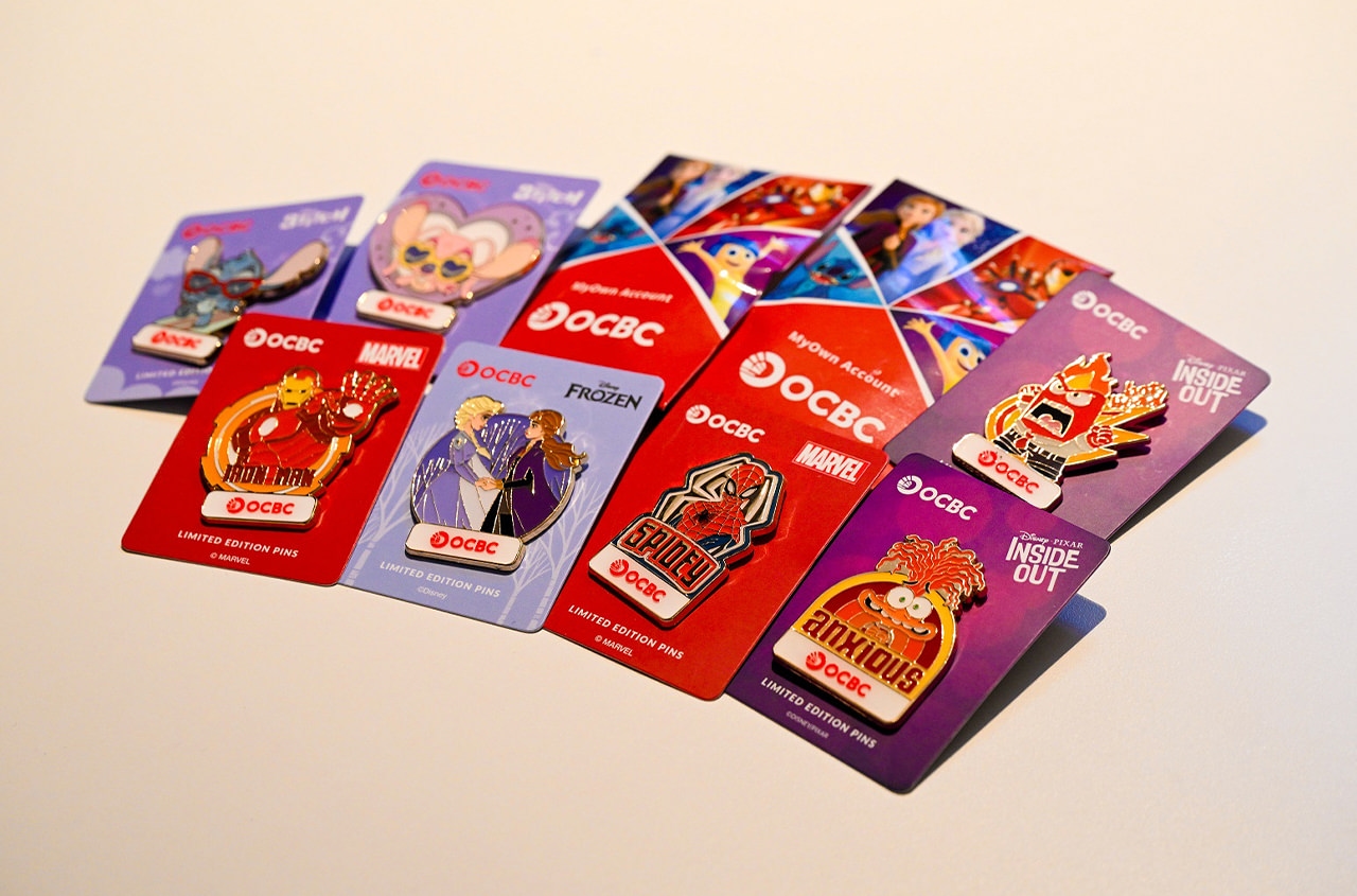 OCBC MyOwn Account customers can redeem one of 20 limited edition OCBC pins when they sign up for an account, deposit at least $500 into their account or refer a friend to open an account